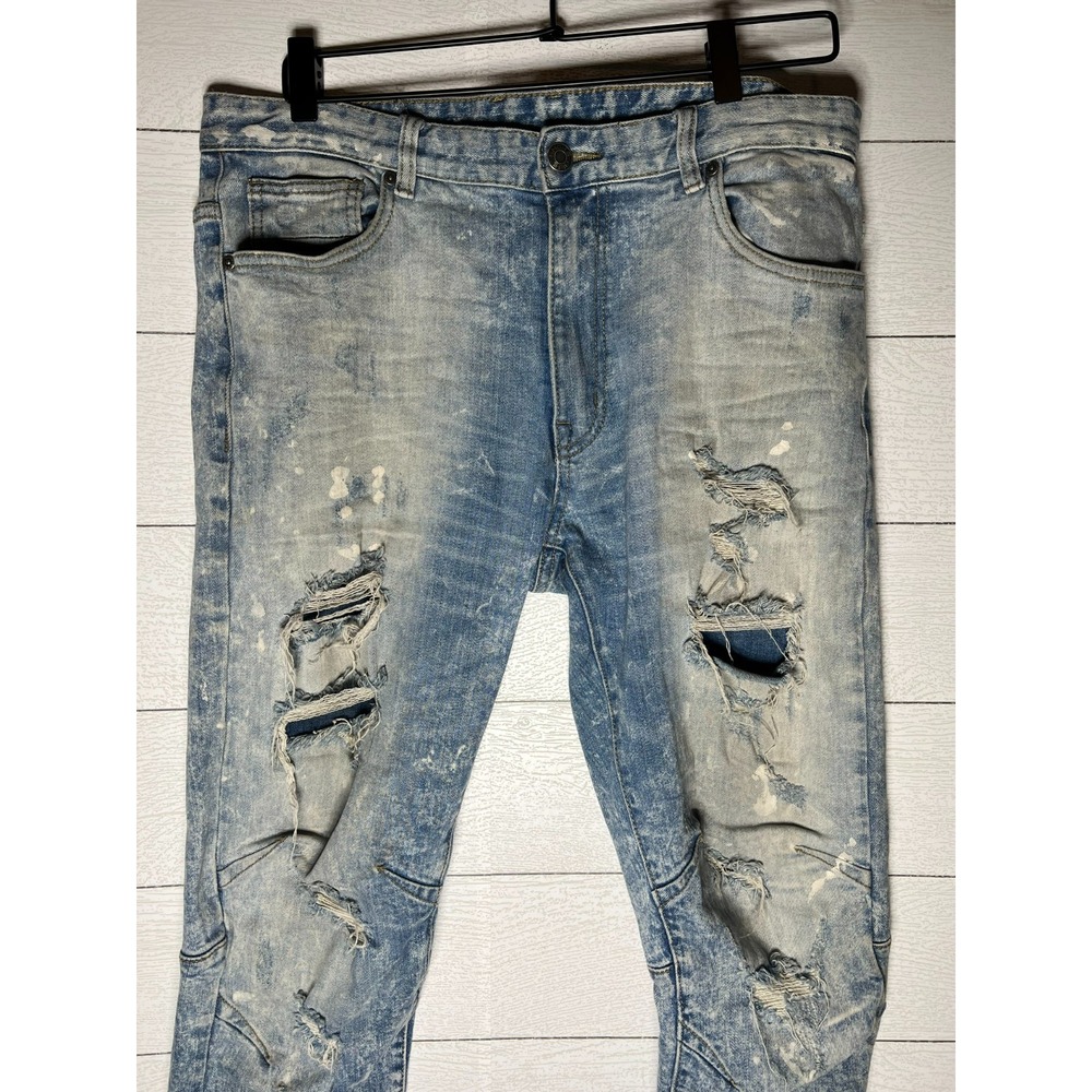 Smoke Rise 34x34 Light Wash Blue Distressed Destroyed Slim Fit Moto Denim Jeans